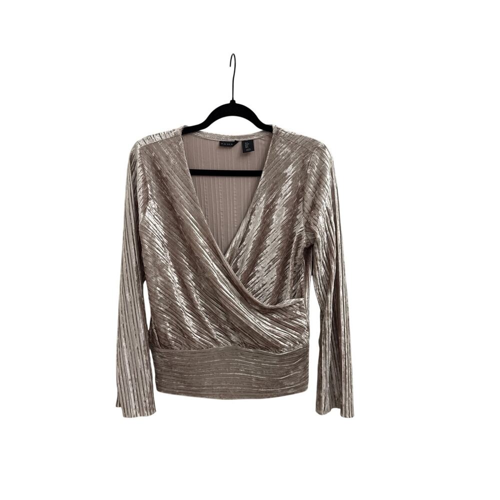 Tahari Long-Sleeve Crushed Velvet V Neck Metallic Glam Gold Blouse Size Small
